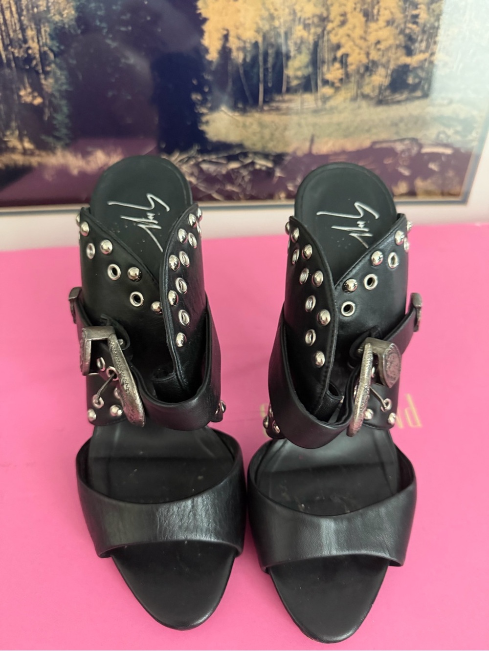 Giuseppe Zanotti Black Studded Leather High Heel Sandals with Buckle